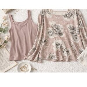 Chicos Floral Poncho and Tank Top Set Mauve Pink Black 2 Piece Size 2 L